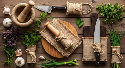 Culinary knives and herbs on wooden background