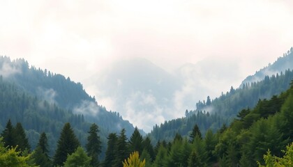 Obraz premium Misty watercolor mountain range with lush green trees, soft sky, serene, painting