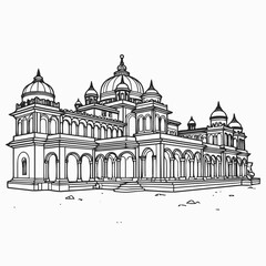 Mysore Palace Karnataka Line Art Illustration, Detailed Black and White Drawing of Famous Indian Royal Palace with Domes, Towers, Arches and Ornate Indo-Saracenic Architecture