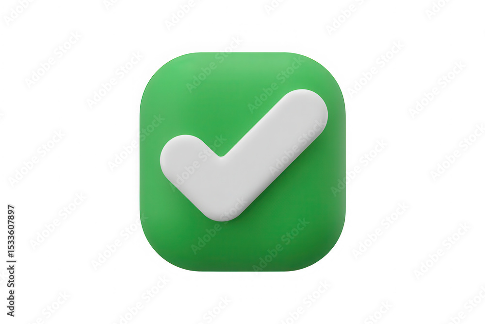 Poster 3d render of a green check mark icon on a rounded square button