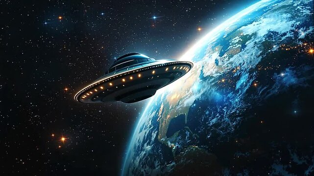 A flying saucer UFO in space near planet Earth
