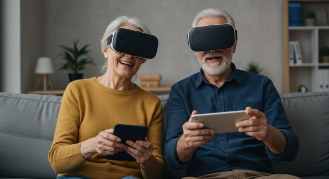 Happy senior couple enjoying a virtual reality experience together at home, wearing VR headsets and using a tablet and game controller.