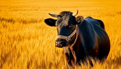 Black Cow with Traditional Rope Halter in Wheat Field on yellow background advertisement