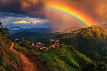 A vibrant rainbow arches over a mountain village nestled in terraced hills at sunset