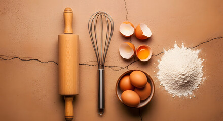 Baking essentials with rolling pin and eggs