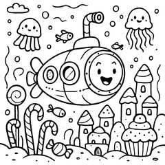 Happy Submarine Underwater Adventure Coloring Page - Sweet Ocean Scene