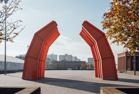 Ravenna, Italy - November 12, 2023: Alberto Burri&rsquo;s &ldquo;Grande Ferro R&rdquo; sculpture, which brings to mind the hull of a capsized ship.