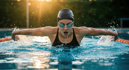 Focused female swimmer performs the butterfly stroke in an outdoor pool during sunset, with dramatic sun rays and splashing water.