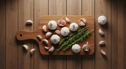 Garlic and herbs on chopping board