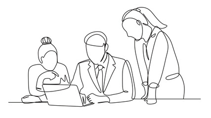 art of a continuous line of a group of work teams having a meeting and working in front of a laptop. vector illustration with a white background © mamat