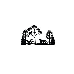 silhouette of a forest with a leopard on a tree on white background