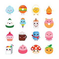Fototapeta premium Cute Cartoon Food and Object Characters Set, Sweet Kawaii Style Art with Smiling Faces and Cheerful Designs for Kids