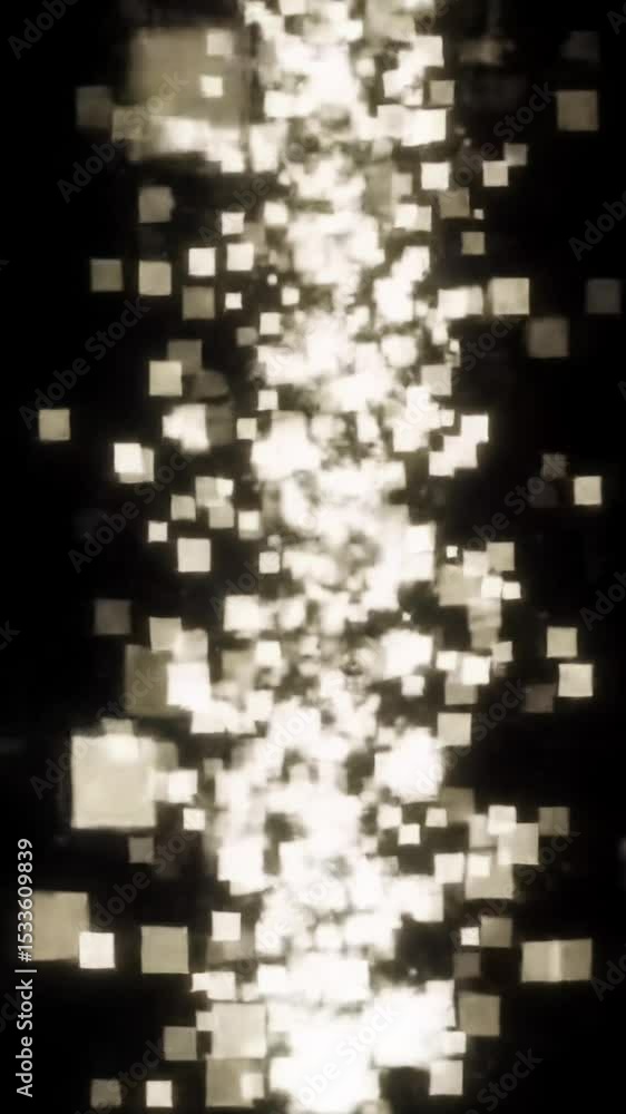 Poster luminous, shimmering, square particles ascend and expand against a pure black background, creating a