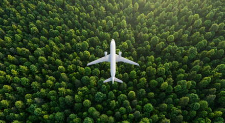 Airplane Flying Over Forest: Sustainable Aviation Concept