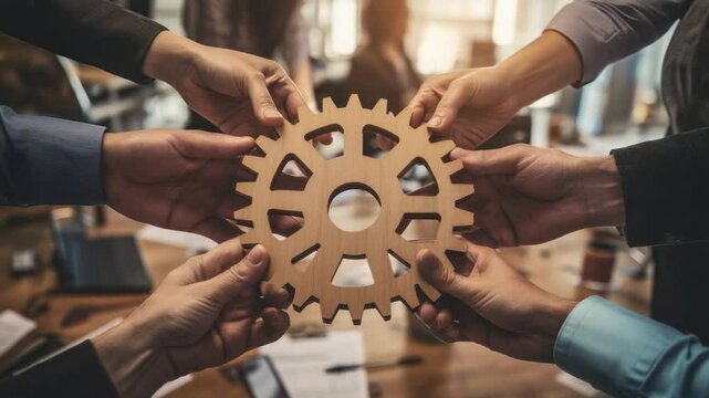 Unified Gear: A team of hands working to connect and create a unified gear, highlighting collaboration, teamwork, and synergy within a dynamic business setting.
