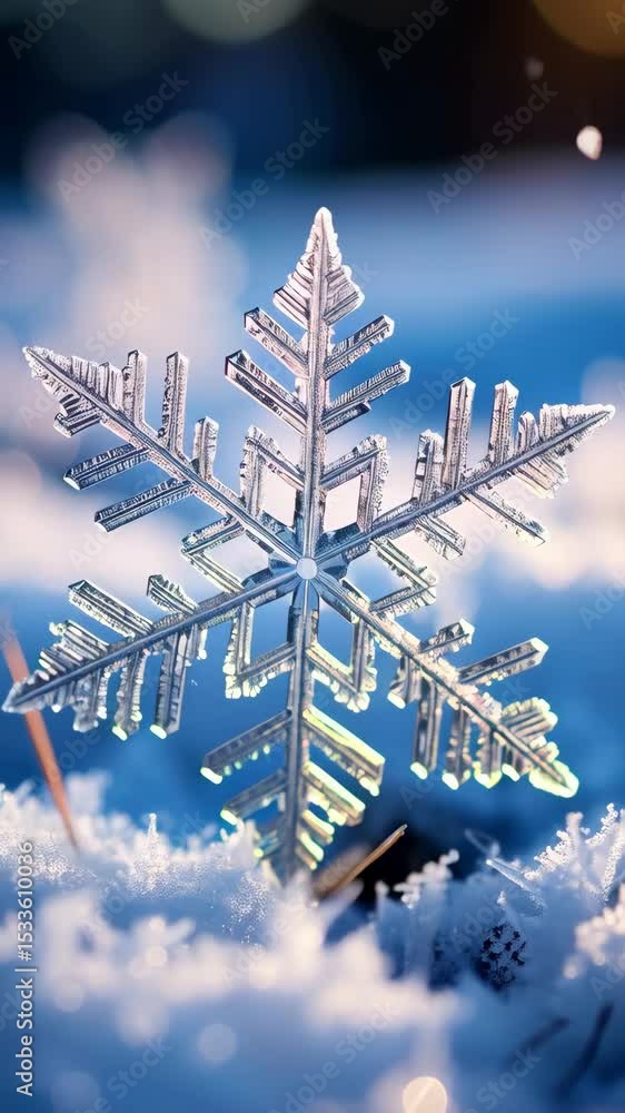 Poster macro photograph capturing the intricate geometric details of a snowflake on fresh snow against a bl