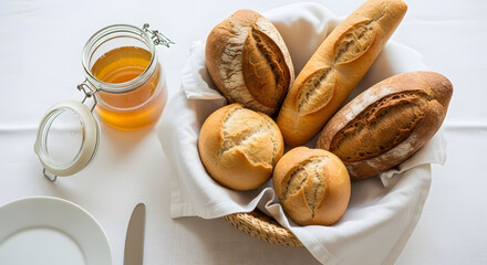 Breakfast bread and honey on white table