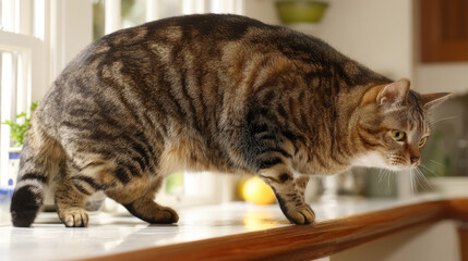 Domestic cat with signs of obesity thick belly and swollen fat muzzle. Sedentary lifestyle pet. Disease. Laziness. problems associated obesity due greater amount food treats we consume unhealthy diet