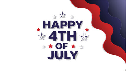 Happy fourth of july text with stars and red white and blue wavy design on a white background image
