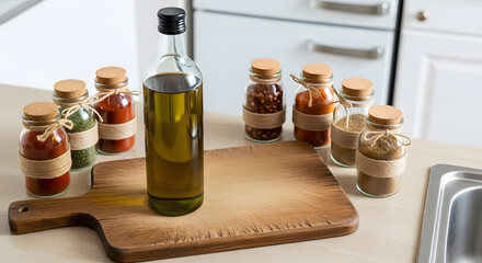 Olive oil and herbs with spices in kitchen