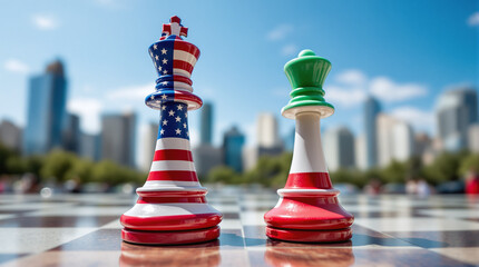 Two chess queens in US and Iranian flag colors standing next to each other on chessboard in city square