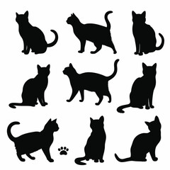 Set of cat silhouettes |  set of black cats silhouettes | Cat silhouettes in various poses | Vector cat set | Cute animal cat silhouette sheet 