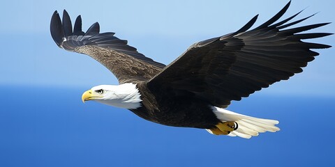 Majestic Bald Eagle in Flight Soaring Above Blue Sky Ocean Background Wildlife