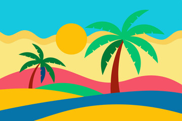 Obraz premium Vibrant Tropical Paradise Sun, Sand, and Palm Trees Illustration