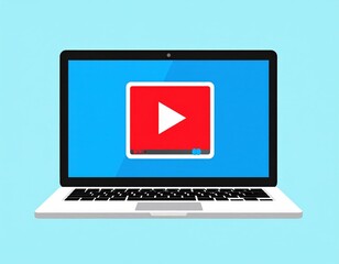 Flat Design Illustration Of Laptop With Red Play Button Video On Light Blue Background
