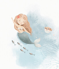 Cute mermaid with fishes on blue watercolor texture, hand-drawn cartoon illustration for your design.