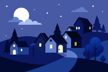 Fototapeta premium Serene Night Village Moonlit Houses and Starry Sky Illustration