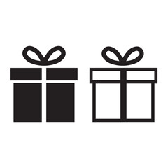 Minimalist black and white outline illustration of a gift box with elegant ribbon