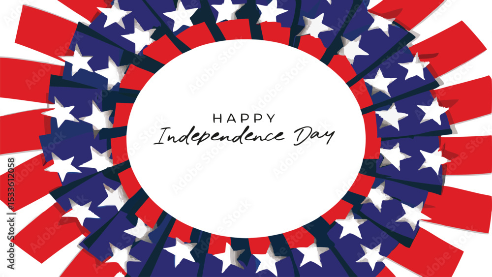 Poster festive independence day design with stars and stripes arranged in a circular pattern around text