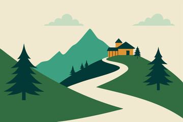 Serene Mountain Vista Winding Road to a Secluded House Illustration