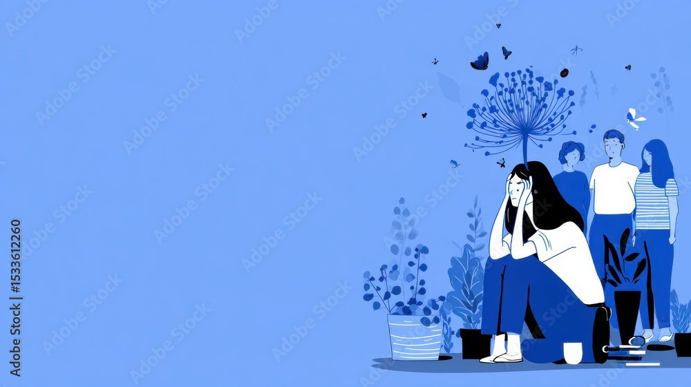 Poster Support System Infographic for Individuals Experiencing PTSD Illustrating Coping Strategies and Resources in a Calming Blue Tone