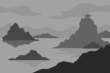 Serene Monochromatic Landscape Misty Mountains and Tranquil Waters