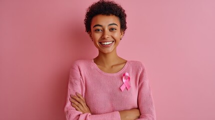 Smiling Woman with Pink Ribbon Supporting Breast Cancer Awareness