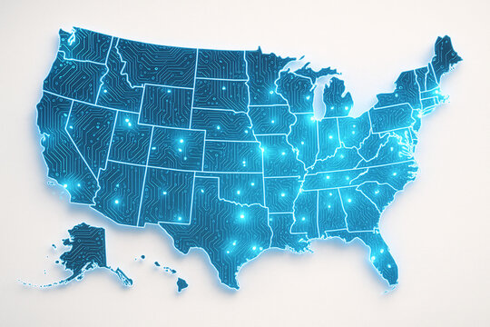 A blue united states map with circuit board design and glowing points on a white background surface