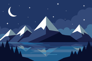 Serene Night Majestic Mountains and Tranquil Lake under Starlit Sky