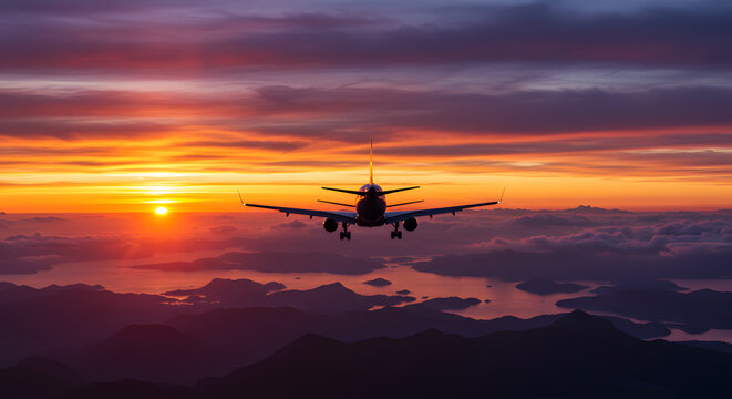 Sunset Flight: Airplane Silhouette Against a Fiery Sky