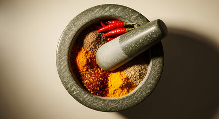 Mortar and pestle with colorful spices