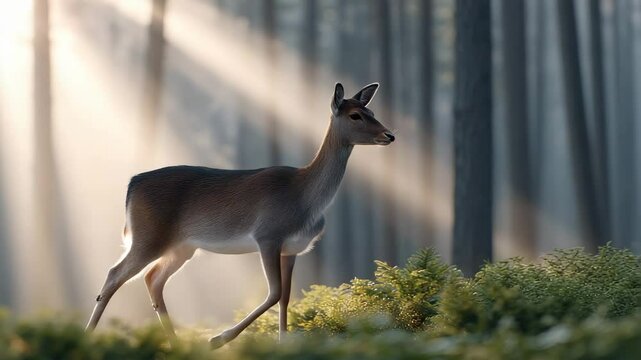 Roe Deer in Sunbeams: A graceful roe deer steps delicately through a sun-dappled forest, sunlight filtering through the trees, creating a magical atmosphere.