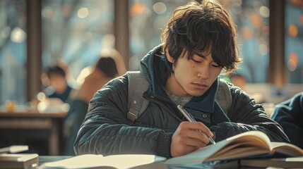 Focused student studying in a cafe
