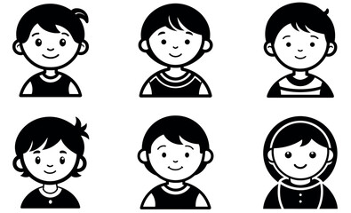 Six Cartoon Boy and Girl Icons with Unique Hairstyles in Black and White