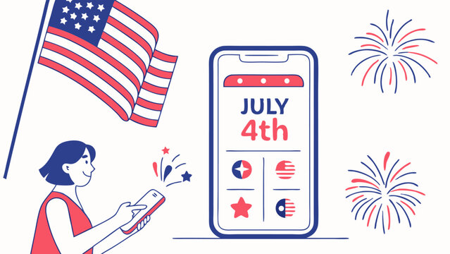 Woman using phone with july fourth theme and american flag with fireworks in the background design vector - Powered by Adobe