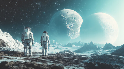Fototapeta premium Astronauts Exploring an Alien Landscape with Twin Moons