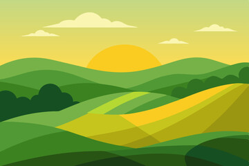 Fototapeta premium Serene Sunset Over Rolling Hills A Picturesque Landscape Illustration
