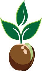 A glossy brown seed with a small green shoot and two fresh green leaves growing upward. Set against a white background, the design conveys growth, simplicity, and natural freshness.