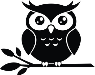 Owl with a tree branch silhouette, 
Elegant owl perched on a tree branch vector illustration