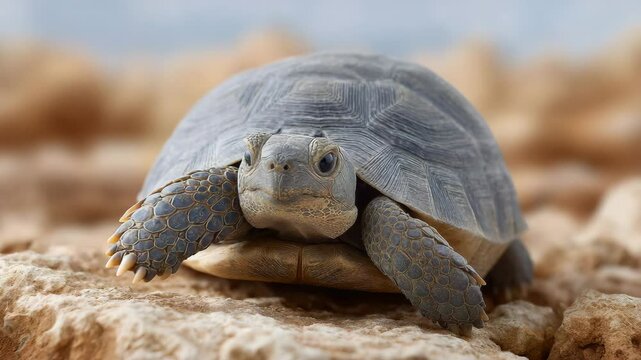 Desert Tortoise in Focus: A solitary desert tortoise, with its ancient shell, rests on a rocky surface, showcasing the resilience and wisdom of the desert wildlife.